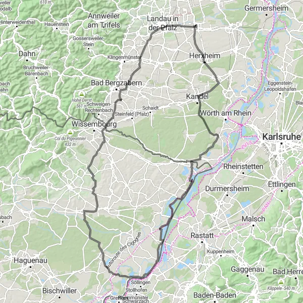 Map miniature of "The Queich Valley Loop" cycling inspiration in Rheinhessen-Pfalz, Germany. Generated by Tarmacs.app cycling route planner