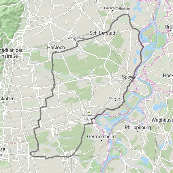 Map miniature of "Road Cycling Adventure through Rheinhessen-Pfalz" cycling inspiration in Rheinhessen-Pfalz, Germany. Generated by Tarmacs.app cycling route planner