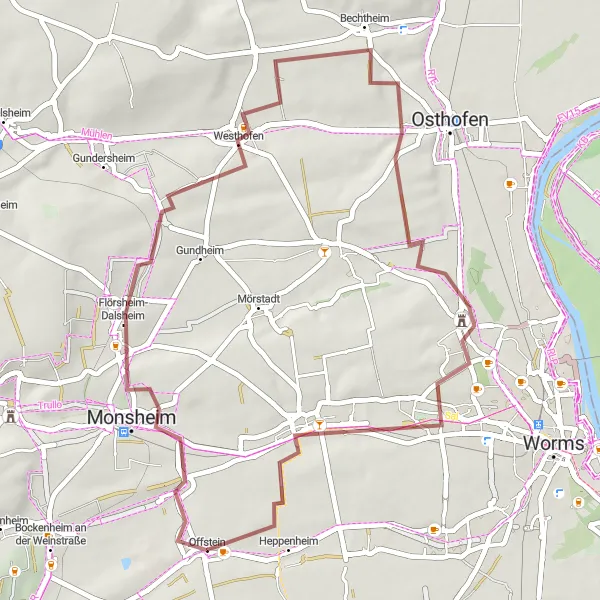 Map miniature of "Explore the Gravel Path of Offstein" cycling inspiration in Rheinhessen-Pfalz, Germany. Generated by Tarmacs.app cycling route planner