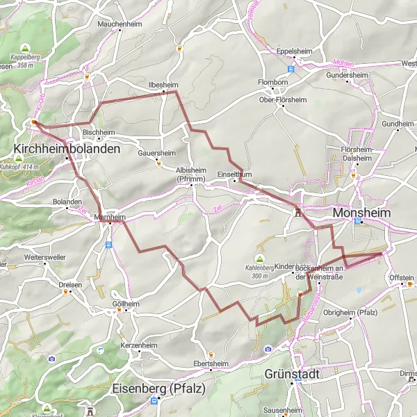 Map miniature of "Discover the Natural Beauty of Offstein and Beyond" cycling inspiration in Rheinhessen-Pfalz, Germany. Generated by Tarmacs.app cycling route planner