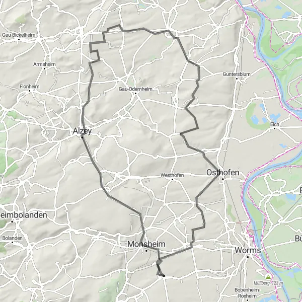 Map miniature of "Rheinhessen Road Adventure" cycling inspiration in Rheinhessen-Pfalz, Germany. Generated by Tarmacs.app cycling route planner