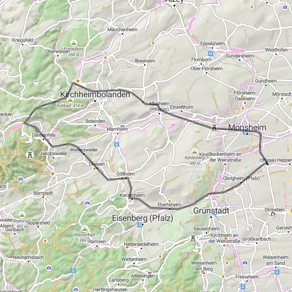 Map miniature of "Historic Hill Ride" cycling inspiration in Rheinhessen-Pfalz, Germany. Generated by Tarmacs.app cycling route planner