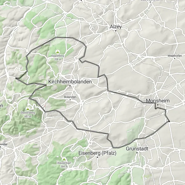 Map miniature of "The Ultimate Road Challenge near Offstein" cycling inspiration in Rheinhessen-Pfalz, Germany. Generated by Tarmacs.app cycling route planner