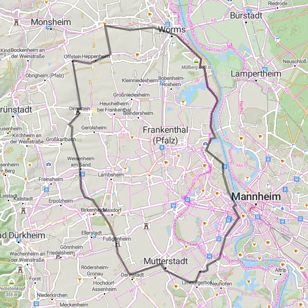 Map miniature of "Offstein and the Surrounding Splendor" cycling inspiration in Rheinhessen-Pfalz, Germany. Generated by Tarmacs.app cycling route planner