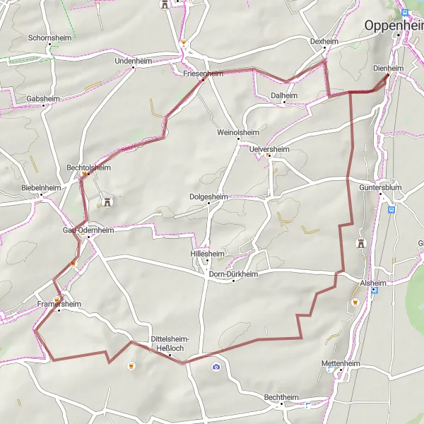 Map miniature of "Almond Blossom Gravel Loop" cycling inspiration in Rheinhessen-Pfalz, Germany. Generated by Tarmacs.app cycling route planner