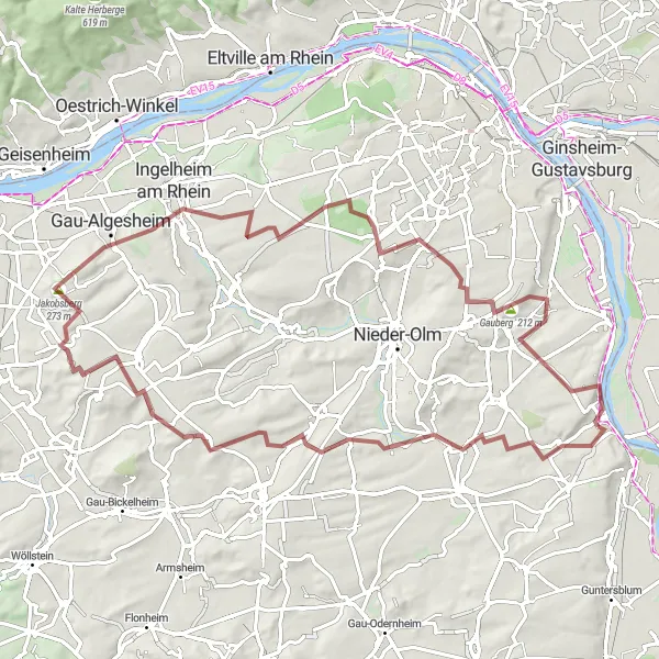 Karten-Miniaturansicht der Radinspiration "Gravel-Tour durch die Weinberge" in Rheinhessen-Pfalz, Germany. Erstellt vom Tarmacs.app-Routenplaner für Radtouren