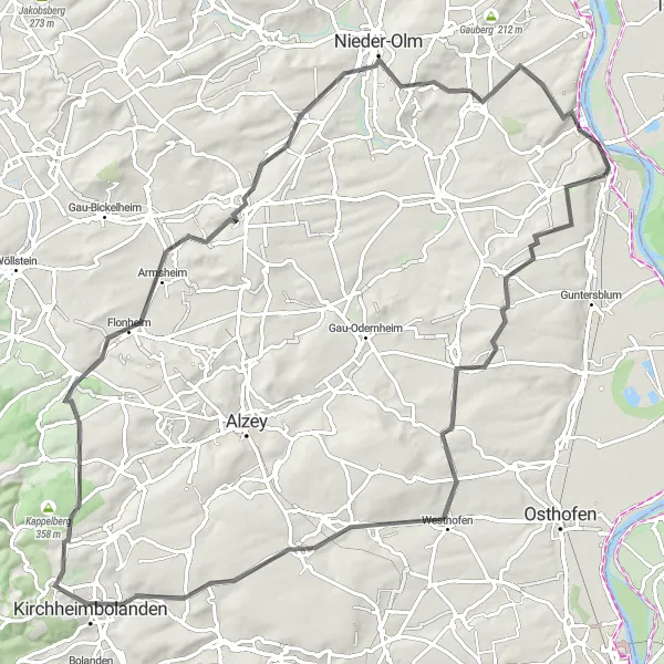 Karten-Miniaturansicht der Radinspiration "Road-Tour durch Rheinhessen um Oppenheim" in Rheinhessen-Pfalz, Germany. Erstellt vom Tarmacs.app-Routenplaner für Radtouren