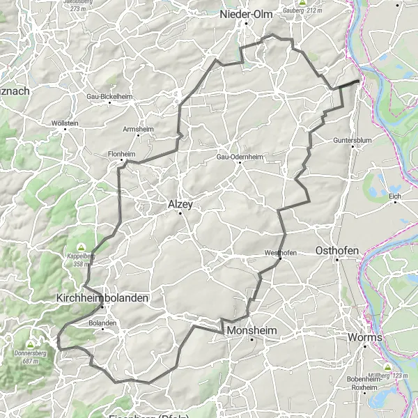 Karten-Miniaturansicht der Radinspiration "Rundfahrt von Oppenheim durch Rheinhessen-Pfalz" in Rheinhessen-Pfalz, Germany. Erstellt vom Tarmacs.app-Routenplaner für Radtouren