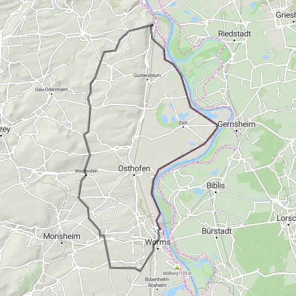 Karten-Miniaturansicht der Radinspiration "Rheinhessen-Radweg nach Worms" in Rheinhessen-Pfalz, Germany. Erstellt vom Tarmacs.app-Routenplaner für Radtouren