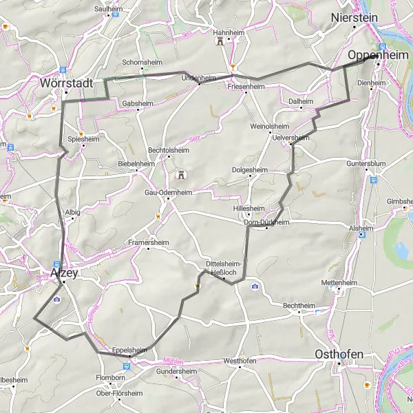 Karten-Miniaturansicht der Radinspiration "Road-Tour rund um Oppenheim" in Rheinhessen-Pfalz, Germany. Erstellt vom Tarmacs.app-Routenplaner für Radtouren