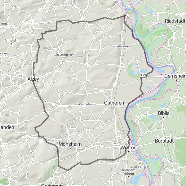 Karten-Miniaturansicht der Radinspiration "Rundtour von Oppenheim durch Rheinhessen und Pfalz" in Rheinhessen-Pfalz, Germany. Erstellt vom Tarmacs.app-Routenplaner für Radtouren