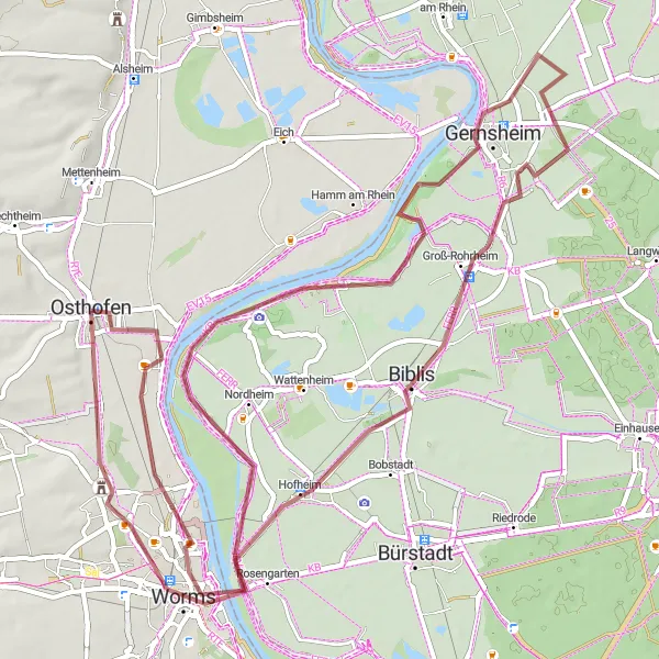 Map miniature of "Exploring the Gravel Paths of Rheindürkheim" cycling inspiration in Rheinhessen-Pfalz, Germany. Generated by Tarmacs.app cycling route planner