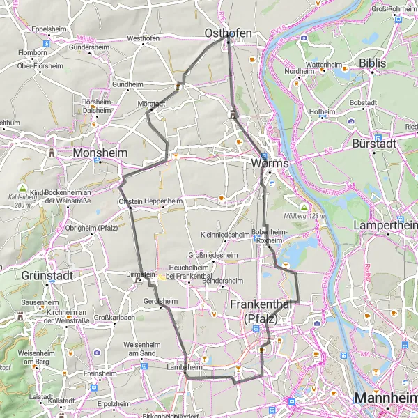 Map miniature of "Worms - Frankenthal Loop" cycling inspiration in Rheinhessen-Pfalz, Germany. Generated by Tarmacs.app cycling route planner