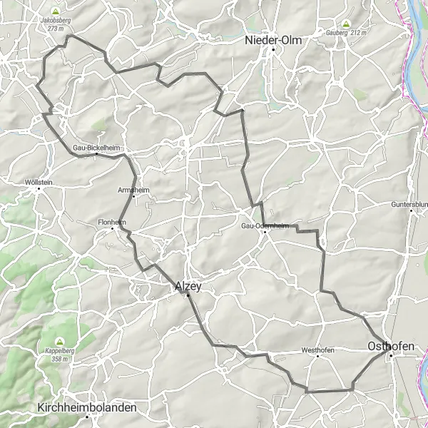 Map miniature of "Wartbergturm - Saulheim Loop" cycling inspiration in Rheinhessen-Pfalz, Germany. Generated by Tarmacs.app cycling route planner