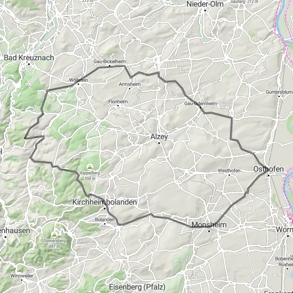 Karten-Miniaturansicht der Radinspiration "Road Tour nach Kirchheimbolanden" in Rheinhessen-Pfalz, Germany. Erstellt vom Tarmacs.app-Routenplaner für Radtouren