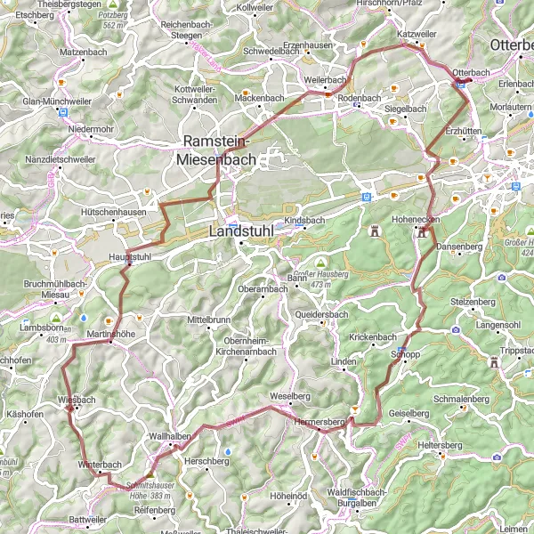 Map miniature of "Otterbach to Großer Hundskopf Gravel Adventure" cycling inspiration in Rheinhessen-Pfalz, Germany. Generated by Tarmacs.app cycling route planner