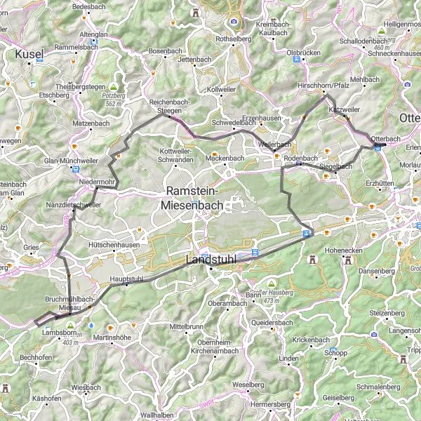 Map miniature of "The Hills of Otterbach" cycling inspiration in Rheinhessen-Pfalz, Germany. Generated by Tarmacs.app cycling route planner