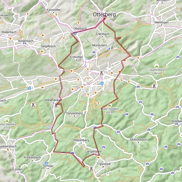 Map miniature of "Hohenecken Castle and Unterhammer Gravel Adventure" cycling inspiration in Rheinhessen-Pfalz, Germany. Generated by Tarmacs.app cycling route planner