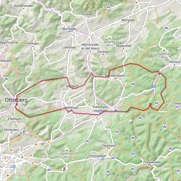 Map miniature of "Salweidenkopf and Ritterstein 178 Gravel Loop" cycling inspiration in Rheinhessen-Pfalz, Germany. Generated by Tarmacs.app cycling route planner