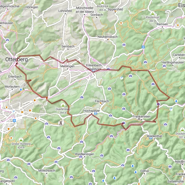 Map miniature of "Gravel Adventure to Frankenstein" cycling inspiration in Rheinhessen-Pfalz, Germany. Generated by Tarmacs.app cycling route planner