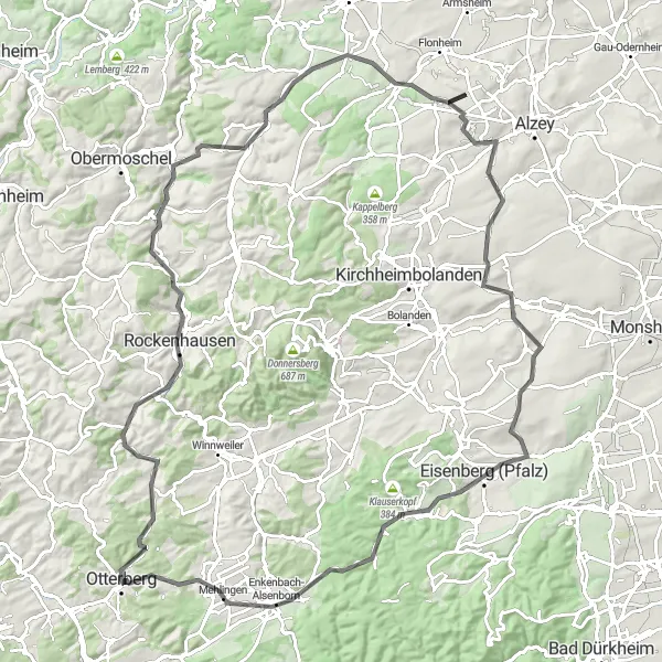 Map miniature of "Hillside Adventure from Otterberg to Eisenberg" cycling inspiration in Rheinhessen-Pfalz, Germany. Generated by Tarmacs.app cycling route planner