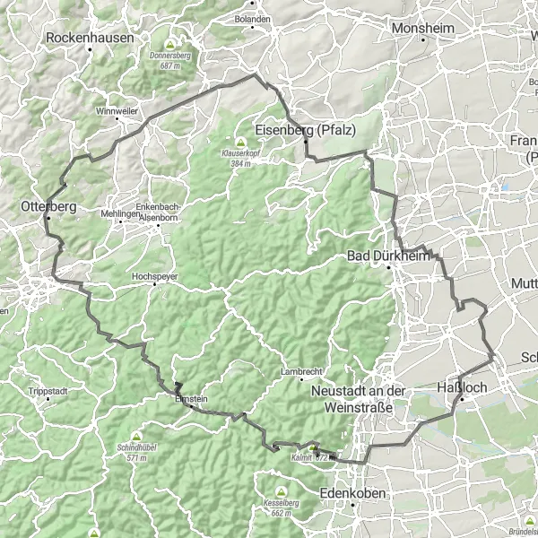 Karten-Miniaturansicht der Radinspiration "Weide-Elmstein-Runde" in Rheinhessen-Pfalz, Germany. Erstellt vom Tarmacs.app-Routenplaner für Radtouren