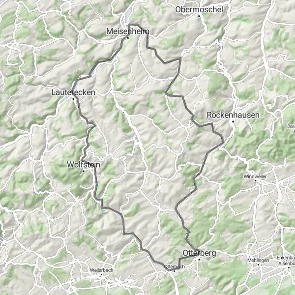 Map miniature of "Road Adventure to Lauterecken" cycling inspiration in Rheinhessen-Pfalz, Germany. Generated by Tarmacs.app cycling route planner