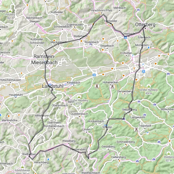 Map miniature of "Countryside Adventure to Landstuhl" cycling inspiration in Rheinhessen-Pfalz, Germany. Generated by Tarmacs.app cycling route planner