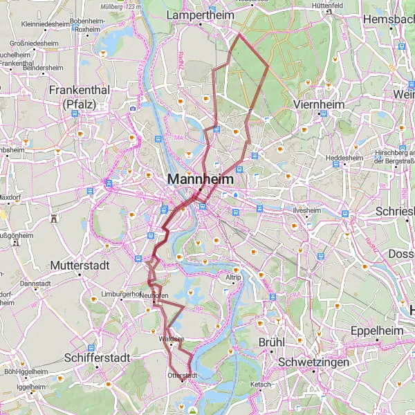 Map miniature of "The Gravel Loop: Waldsee to Neuhofen" cycling inspiration in Rheinhessen-Pfalz, Germany. Generated by Tarmacs.app cycling route planner