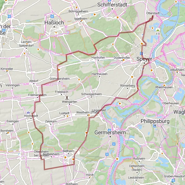 Map miniature of "Otterstadt Countryside Gravel" cycling inspiration in Rheinhessen-Pfalz, Germany. Generated by Tarmacs.app cycling route planner
