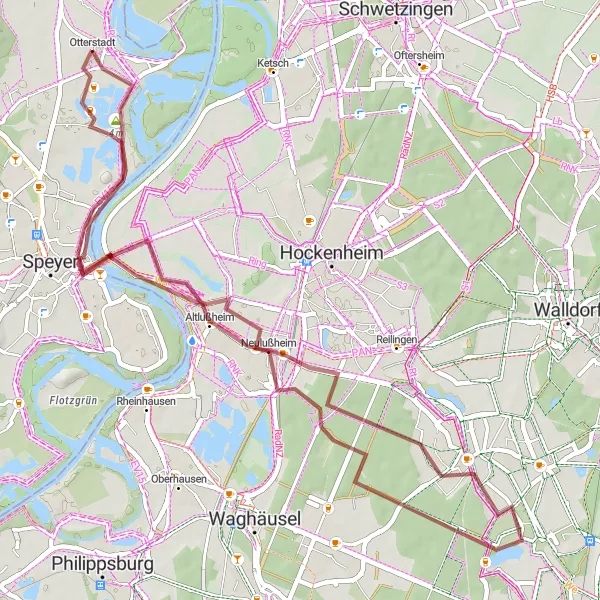 Map miniature of "The Gravel Challenge: Neulußheim to Binsfeld" cycling inspiration in Rheinhessen-Pfalz, Germany. Generated by Tarmacs.app cycling route planner