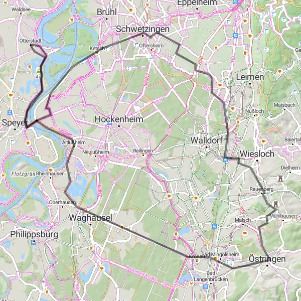 Map miniature of "The Road Cycling Adventure: Otterstadt to Aussichtsplattform Dom-Südturm" cycling inspiration in Rheinhessen-Pfalz, Germany. Generated by Tarmacs.app cycling route planner