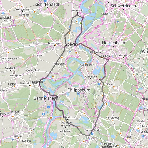 Map miniature of "Otterstadt Scenic Tour" cycling inspiration in Rheinhessen-Pfalz, Germany. Generated by Tarmacs.app cycling route planner