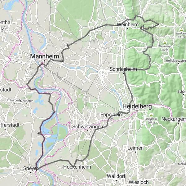 Map miniature of "Rheinhessen Road Adventure" cycling inspiration in Rheinhessen-Pfalz, Germany. Generated by Tarmacs.app cycling route planner