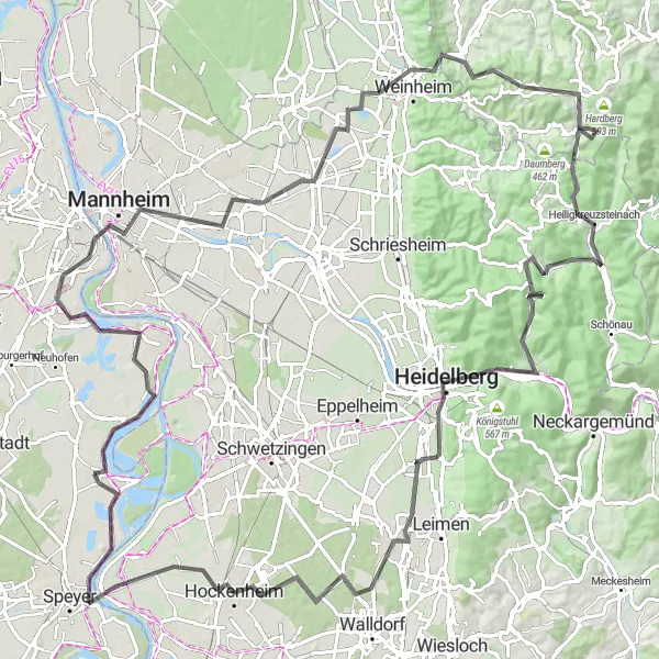Karten-Miniaturansicht der Radinspiration "Heidelberg - Weinheim - Ludwigshafen Roadtour" in Rheinhessen-Pfalz, Germany. Erstellt vom Tarmacs.app-Routenplaner für Radtouren