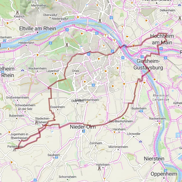 Map miniature of "Gravel Adventure to Burg Stadeck" cycling inspiration in Rheinhessen-Pfalz, Germany. Generated by Tarmacs.app cycling route planner