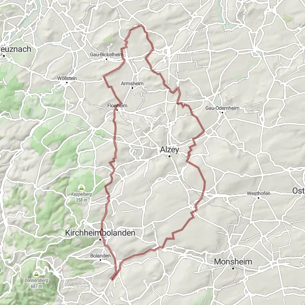 Karten-Miniaturansicht der Radinspiration "Radfahrroute durch Rheinhessen" in Rheinhessen-Pfalz, Germany. Erstellt vom Tarmacs.app-Routenplaner für Radtouren