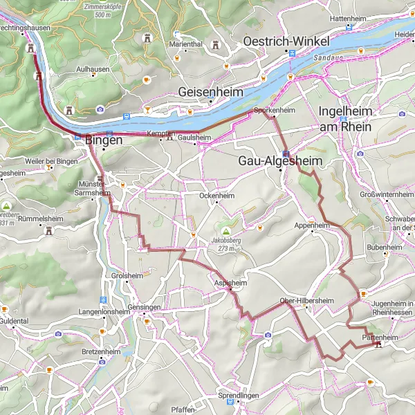 Map miniature of "Historical Highlights of Rhein Valley" cycling inspiration in Rheinhessen-Pfalz, Germany. Generated by Tarmacs.app cycling route planner