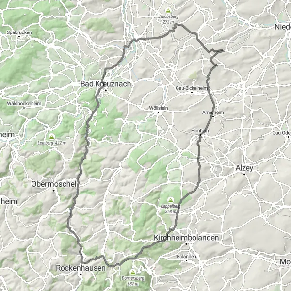 Map miniature of "The Road to Discovery" cycling inspiration in Rheinhessen-Pfalz, Germany. Generated by Tarmacs.app cycling route planner