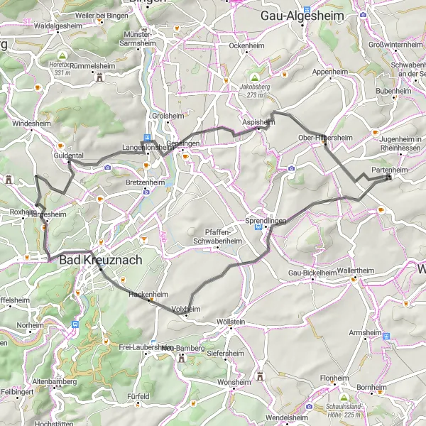 Map miniature of "Through the Vineyards of Rheinhessen and Pfalz" cycling inspiration in Rheinhessen-Pfalz, Germany. Generated by Tarmacs.app cycling route planner