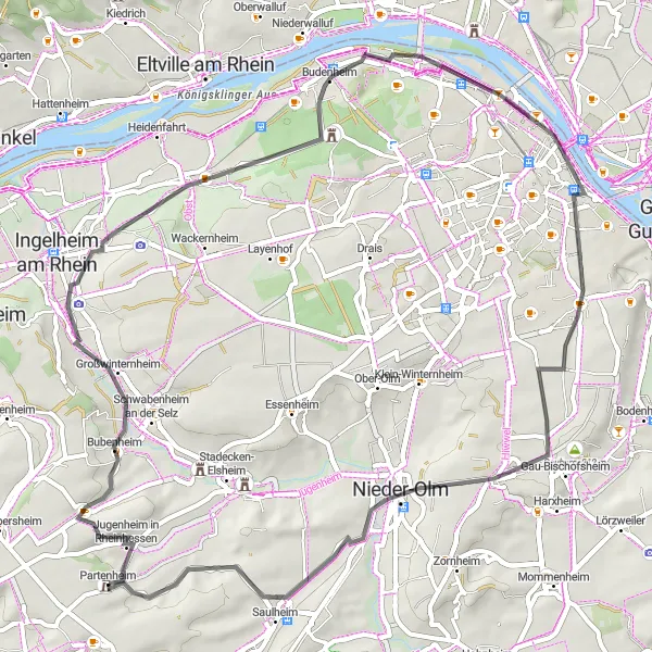 Map miniature of "The Historic Trail" cycling inspiration in Rheinhessen-Pfalz, Germany. Generated by Tarmacs.app cycling route planner