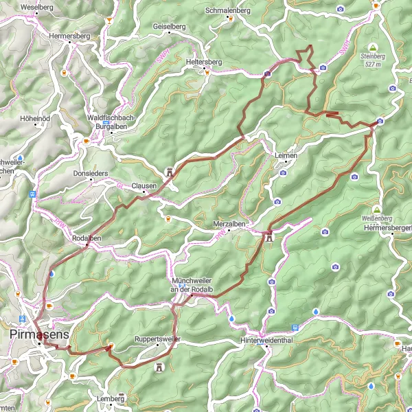 Map miniature of "Rodalben Adventure" cycling inspiration in Rheinhessen-Pfalz, Germany. Generated by Tarmacs.app cycling route planner