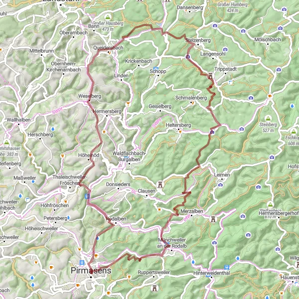 Karten-Miniaturansicht der Radinspiration "Gravel Abenteuer um Pirmasens" in Rheinhessen-Pfalz, Germany. Erstellt vom Tarmacs.app-Routenplaner für Radtouren