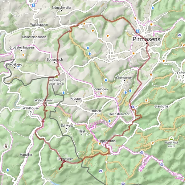 Karten-Miniaturansicht der Radinspiration "Gravelabenteuer rund um Pirmasens" in Rheinhessen-Pfalz, Germany. Erstellt vom Tarmacs.app-Routenplaner für Radtouren