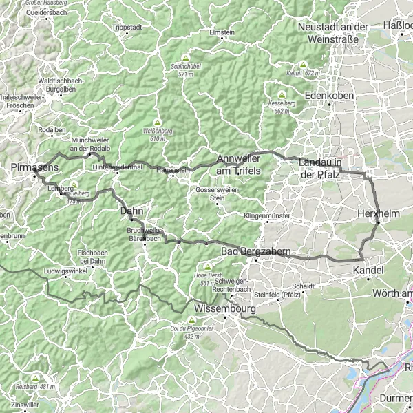 Karten-Miniaturansicht der Radinspiration "Panoramafahrt durch die Pfalz" in Rheinhessen-Pfalz, Germany. Erstellt vom Tarmacs.app-Routenplaner für Radtouren