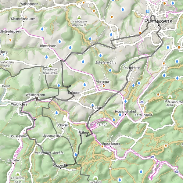 Map miniature of "Rolling Hills Route" cycling inspiration in Rheinhessen-Pfalz, Germany. Generated by Tarmacs.app cycling route planner