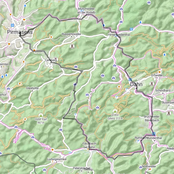 Karten-Miniaturansicht der Radinspiration "Radtour durch den Pfälzerwald" in Rheinhessen-Pfalz, Germany. Erstellt vom Tarmacs.app-Routenplaner für Radtouren