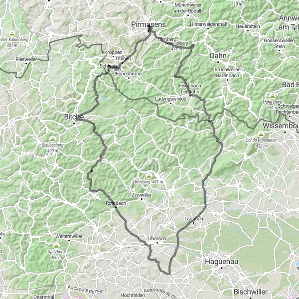 Karten-Miniaturansicht der Radinspiration "Herausfordernde Straßentour rund um Pirmasens" in Rheinhessen-Pfalz, Germany. Erstellt vom Tarmacs.app-Routenplaner für Radtouren