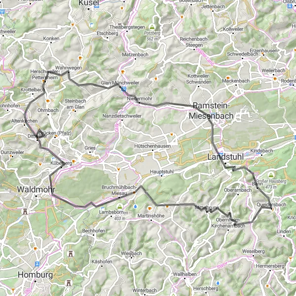 Karten-Miniaturansicht der Radinspiration "Rund um Queidersbach" in Rheinhessen-Pfalz, Germany. Erstellt vom Tarmacs.app-Routenplaner für Radtouren