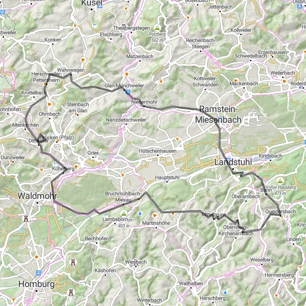 Map miniature of "Road to Landstuhl" cycling inspiration in Rheinhessen-Pfalz, Germany. Generated by Tarmacs.app cycling route planner